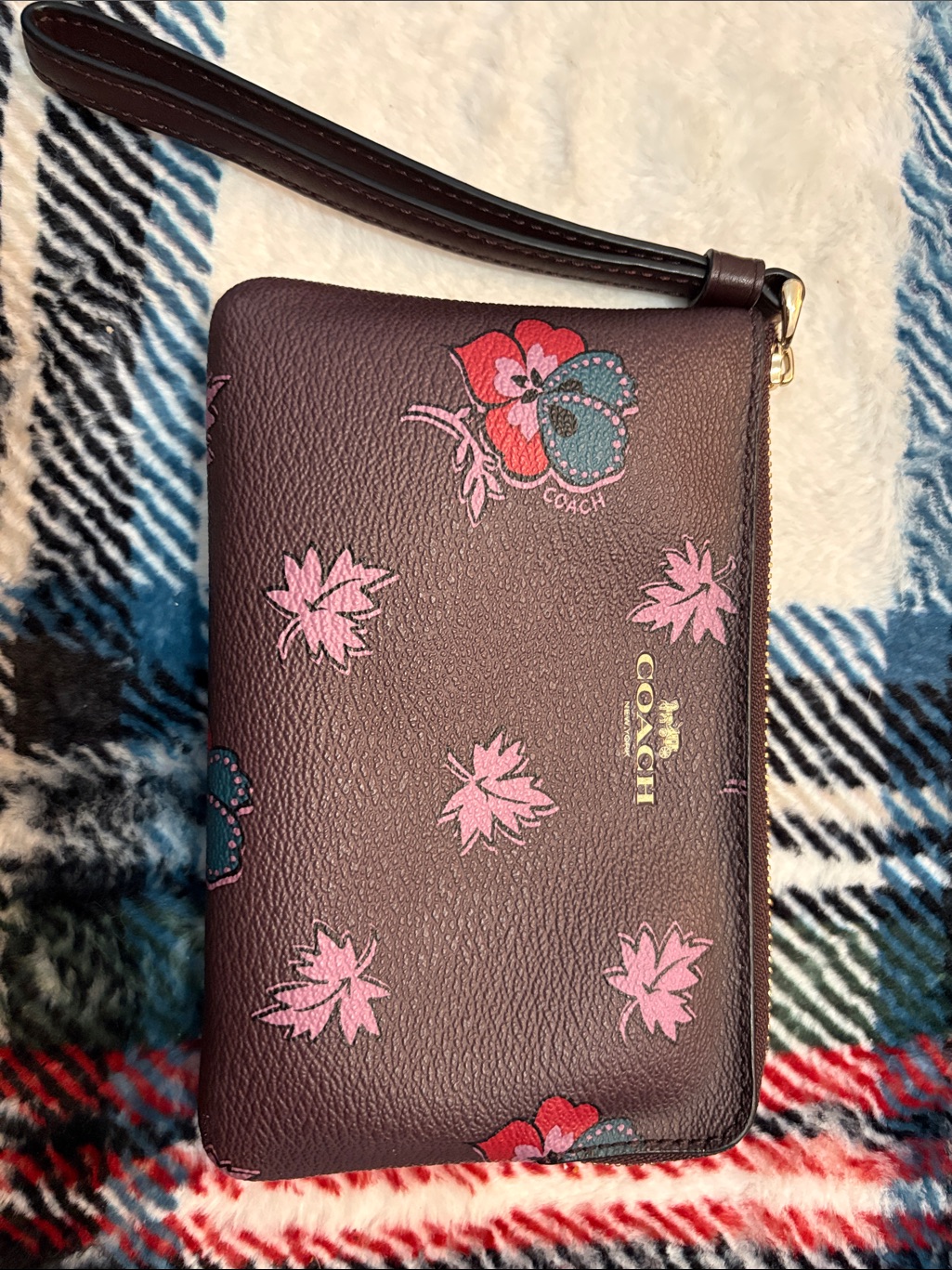 Limited Edition Coach Plum Floral Leather Wristlet With Pink Accents